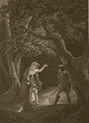 Dronning Margaret angrebet af røveren, indgraveret af J. Landseer, illustration fra David Humes 